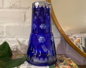 Vintage Cobalt Blue Bedside Water Carafe with water glass. Cut glass House Heritage Carafe and Tumbler.