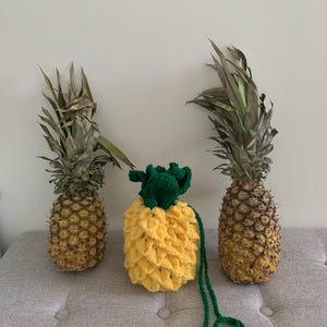 May include: A yellow and green crocheted pineapple-shaped bag with a green strap. Two real pineapples are on either side of the bag.