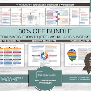 Pode incluir: Um pacote de download digital de 13 recursos visuais e folhas de trabalho imprimíveis para o crescimento pós-traumático (CPT). O pacote inclui diagramas detalhados e concisos dos cinco domínios da CPT, características favoráveis à CPT e uma lista de verificação. Os visuais são baseados na pesquisa de Tedeschi & Calhoun.