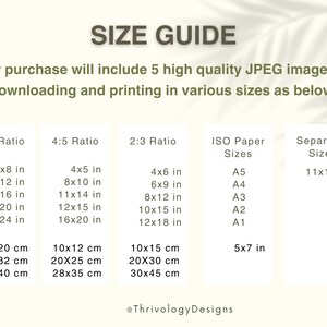 May include: A size guide for digital downloads of JPEG images in various sizes. The guide includes 3:4, 4:5, and 2:3 aspect ratios, as well as ISO paper sizes and a separate size of 11x14 inches. The sizes are listed in inches and centimetres.