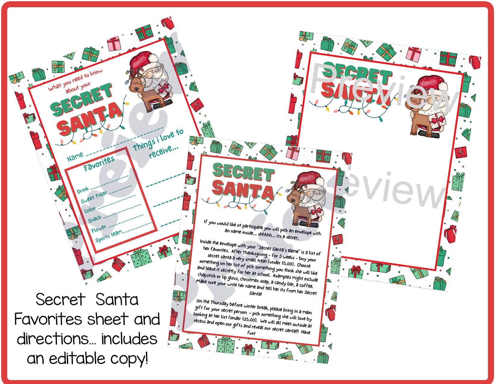 Secret Santa Printable Secret Santa Gift Exchange Christmas Holiday