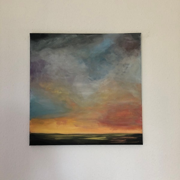 Abstraktes Acrylbild: Dunkler Himmel und Wolken über dem Meer 50x50 cm – Orange, Schwarz, Blau und Lila – Leinwand auf Keilrahmen