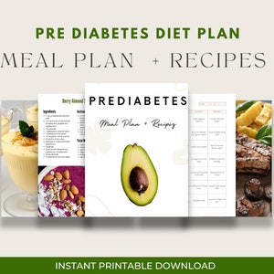 May include: A printable meal plan and recipe guide for people with prediabetes. The cover features a green shamrock, an avocado, and the text "Prediabetes Meal Plan + Recipes".