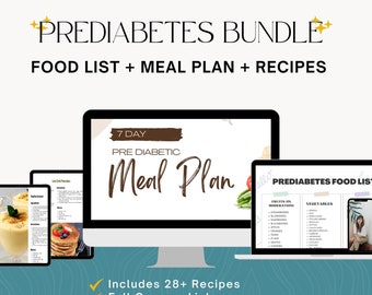 Prediabetesdietpaket, 7-dagars måltidsplan + 28 recept + matlista för prediabetes, inköpslista, mattabell, utskrivbar PDF
