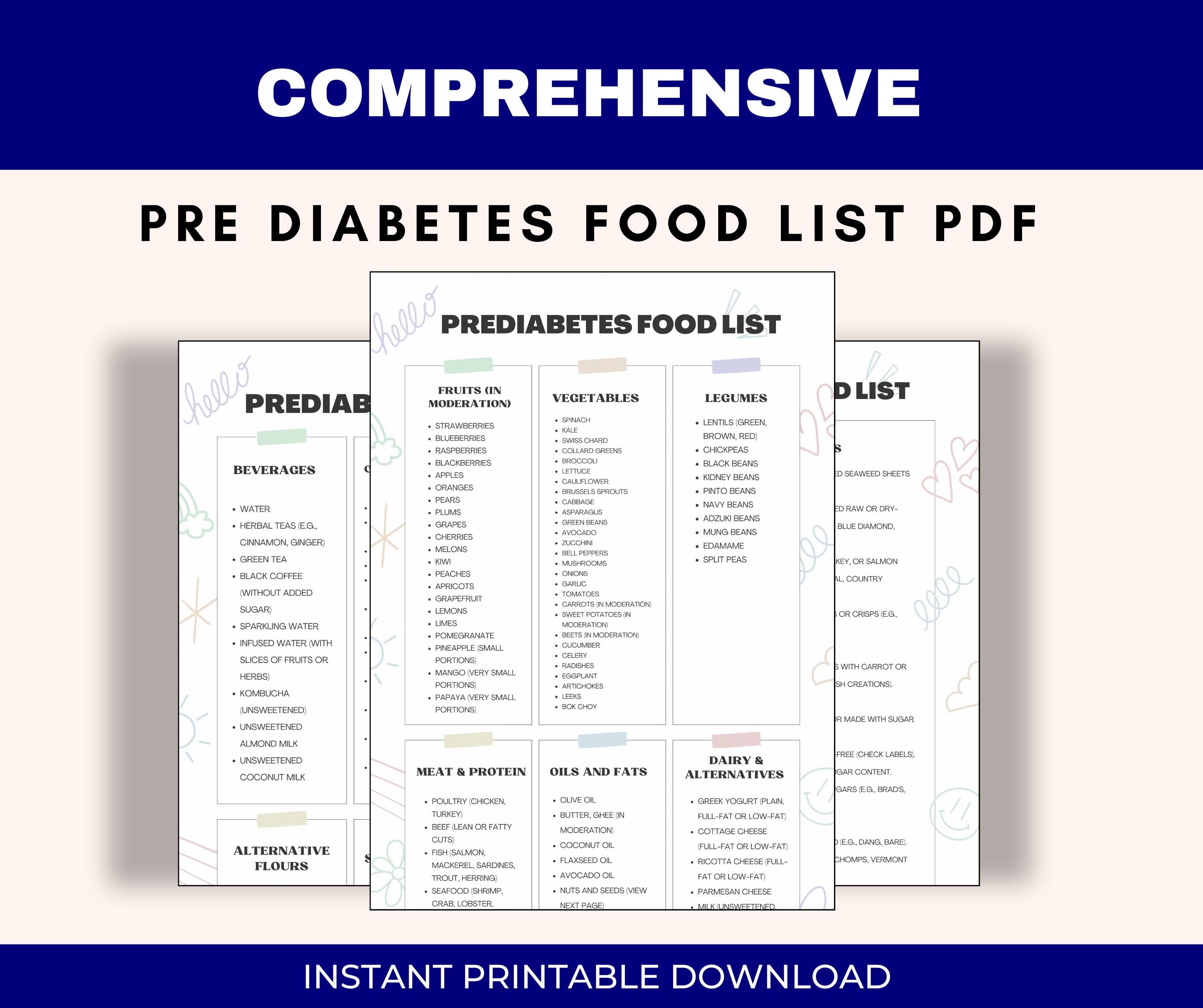 Pre diabetic food list prediabetes diet food chart printable pdf etsy