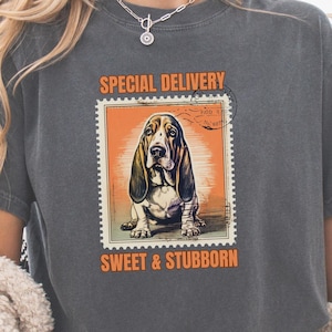 Basset Hound Shirt, Sweet & Stubborn Comfort Colors Tee, Basset Hound Mom Gift, Cute Basset Dog Lover T-Shirt, Cute Stamp Style Dog t-shirt