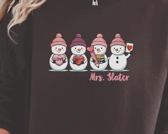Custom Teacher Valentine Snowman Sweatshirt, Personalized Valentine’s Day Winter Crewneck for Preschool Kindergarten Teacher