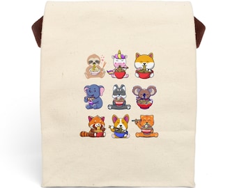 Canvas Lunch Bag Cute Animals Eating Ramen Bag With Strap Noodle Animals Lunch Bag Cute School Washable Lunch Bag Reusable Office Lunch Sack
