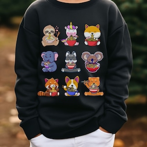 Cute Animal Eating Ramen Kids Sweatshirt, Noodle Lover Kids Top,  Animal Graphic Top,  Ramen Lover Shirt, Gift for Cute Animal Lover