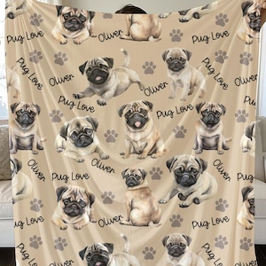 Custom Pug Lover Velveteen Plush Blanket, Personalized Pug Love Throw, Custom Name Pet Lover Gift, Cozy Dog Paw Print, Cute Animal Decor