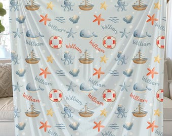 Personalized Nautical Baby Blanket, Custom Ocean Theme Name Blanket, Whale & Sailboat Gift, Boy Nursery