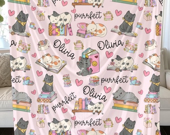 Custom Cat Book Lover Blanket, Personalized Bookish Throw, Librarian Blanket, Gift for Cat Mom, Book Lover Reading Throw