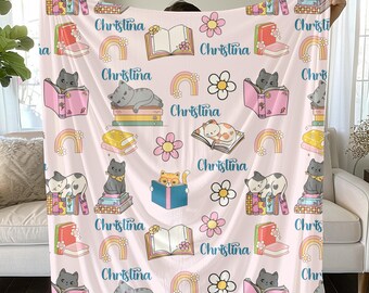 Personalized Cat Book Lover Blanket: Reader's Cozy Plush Throw