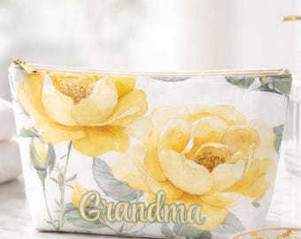 Aangepast accessoirezakje oma gele roos, gepersonaliseerde make-uptas met bloemen, Moederdagcadeau, toilettas, make-uptasje voor op reis