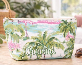 Gepersonaliseerde tropische make-uptas, cadeau bruidsmeisje, reiscadeau meisjes, aangepaste naam make-uptasje, tas strandvakantie, gunst vrijgezellenfeest