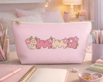 Personalized Name Pouch for Girls, Tween Gift Idea, Custom Pink Cosmetic Pouch, Kids Travel Toiletry Bag, Cute Back to School Supply Bag