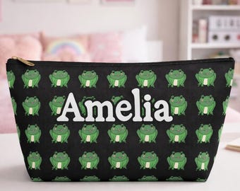 Gepersonaliseerde kikker make-uptas, aangepast naamzakje, schattig kikkercadeau, reistoilettas voor kinderen, potloodetui tween-accessoire, schoolbenodigdheden cadeau