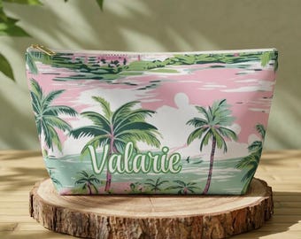 Personalized Tropical Makeup Bag, Bridesmaid Gift, Girls Trip Gift, Custom Name Cosmetic Bag, Beach Vacation Pouch, Bachelorette Party Favor