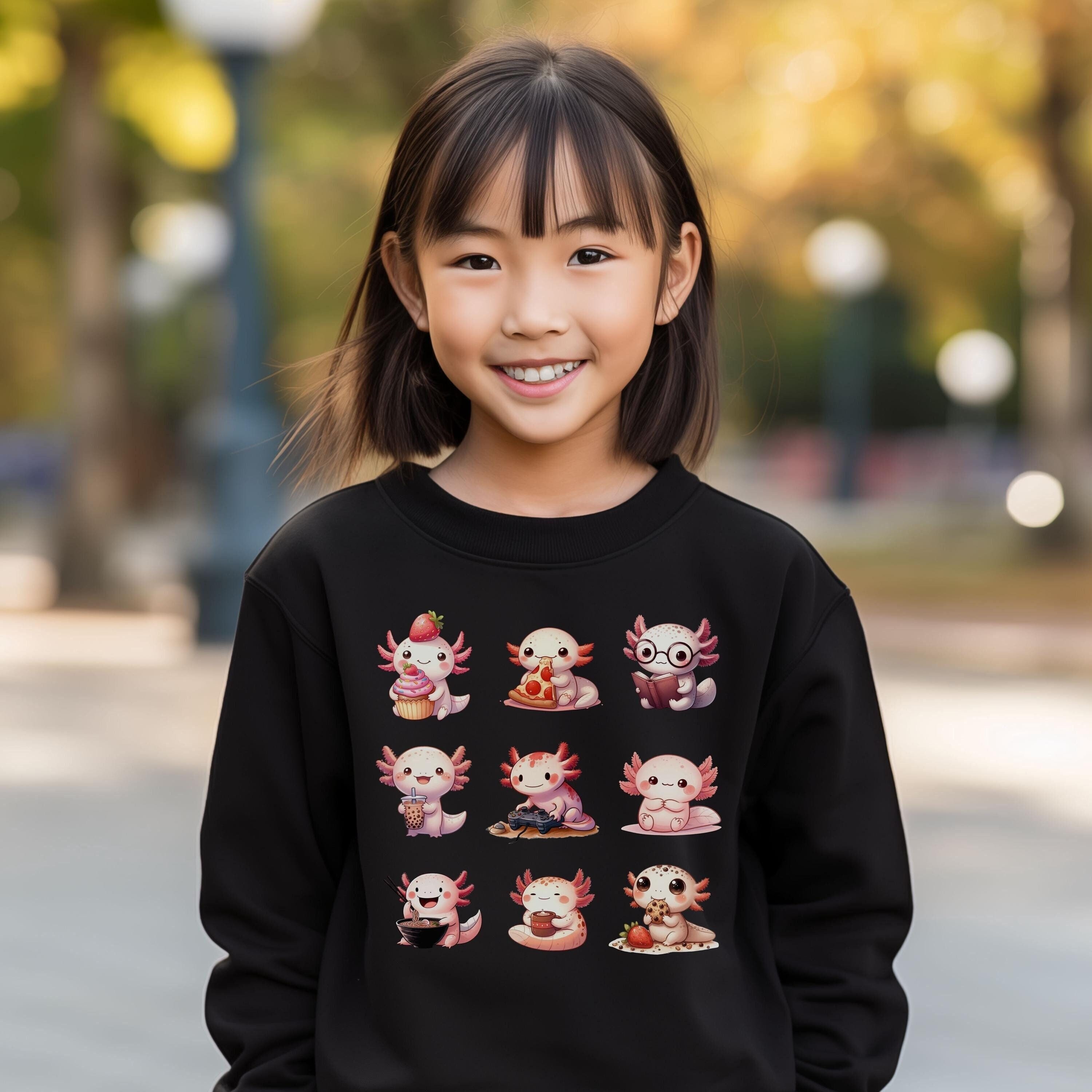 Kid Axolotl Sweatshirt, Fun Axolotl Design for Video Game and Book Lovers, Pizza and Noodle Eater, Cute Animal Gift, Axolotl Lover Top