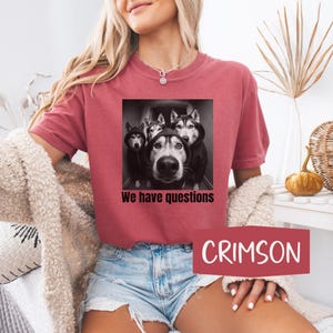 May include: Crimson t-shirt with a graphic of four huskies in hoodies, and the text "We have questions." The shirt is a solid colour and has a relaxed fit. The word "CRIMSON" is displayed in a red rectangle.
