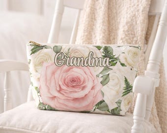 Oma make-uptas, gepersonaliseerde make-uptas, aangepast omacadeau, zakje bloemenaccessoire, toilettas, Moederdagcadeau, tas roze roos