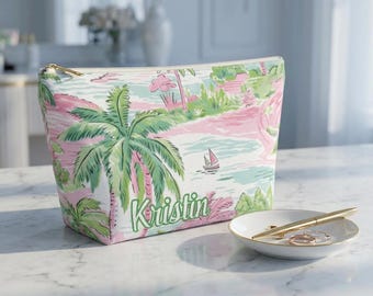 Gepersonaliseerde tropische make-uptas, cadeau bruidsmeisje, reiscadeau meisjes, aangepaste naam make-uptasje, tas strandvakantie, gunst vrijgezellenfeest