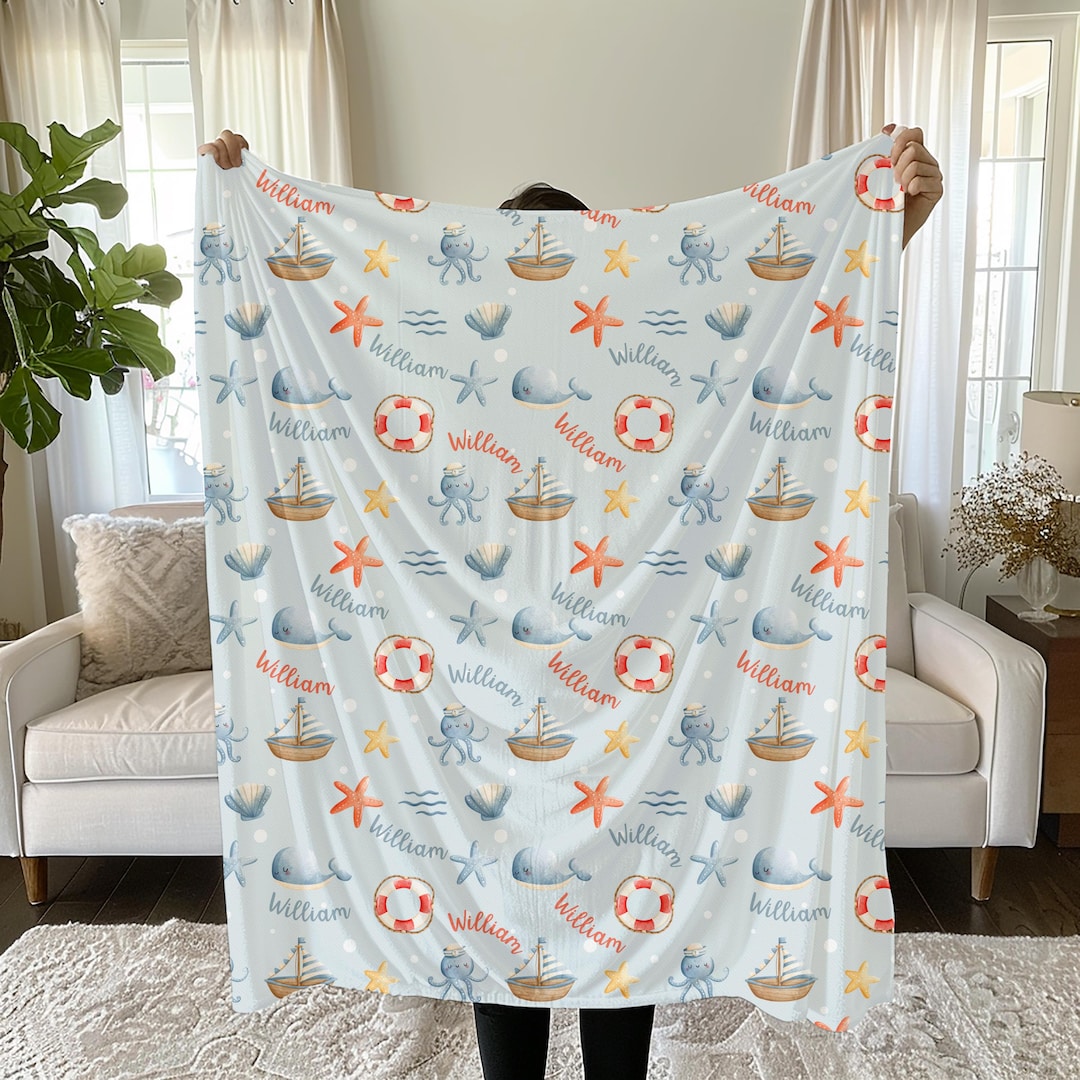 Personalized Nautical Baby Blanket, Custom Ocean Theme Name Blanket ...