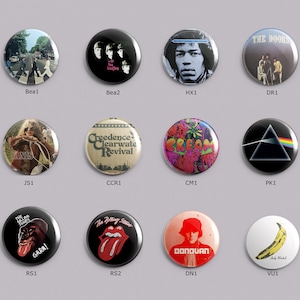 60s Classic Rock 1.25" Pins, Buttons, Badges, Beatles, Hendrix. FREE Shipping