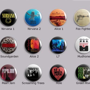12 Grunge Rock Pins, Buttons Badges - 1.25" - Nirvana, Alice In Chains