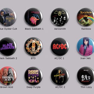 12 70s Hard Rock Pins, Badges, Buttons -1.25" in Diameter