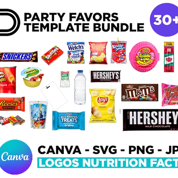 Party Favor Template Bundle 36, Save Bundle,Chip bag,template, Water bottle label, Juice pouch label,Chocolate bar wrapper,Ring Pop Template