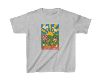 Sunshine Happy Day Girls T shirt Kids Heavy Cotton™ Tee, Kids Girls T shirts clothes, Retro Vintage Boho Clothes kids Vacation cruise