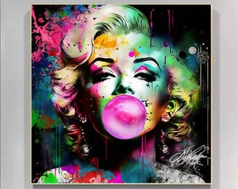 Hermosa Marilyn Monroe soplando arte de chicle, colorido graffiti arte moderno arte de pared impresión, lienzo impreso estirado, sala de estar, oficina