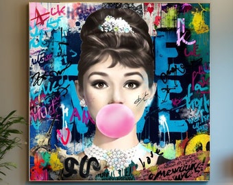 ARTE MODERNO DE GRAFFITI, Marilyn Monroe Blowing Bubble Gum Art, Audrey Hepburn, Fashion Wall Art Print, Lienzo impreso estirado, Sala de estar