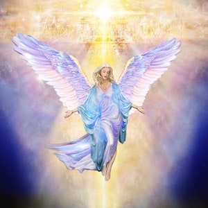May include: An angelic figure with flowing blue and white robes and large, feathered wings. The angel is descending from a bright, golden light, with a cityscape visible in the background. The image has a celestial theme.