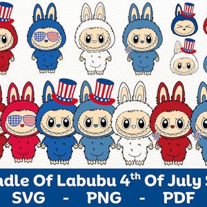 4 juillet Labubu SVG Bundle, Labubu patriotique PNG, Clipart fête de l'indépendance, Sublimation Labubu mignon, dessin animé rouge blanc bleu, USA 4 juillet