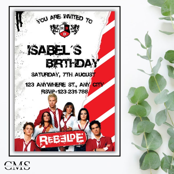 RBD Digital Invitation,Rebelde Birthday Party Invitation,Rebelde Invitation, Rebel Birthday Invitation.