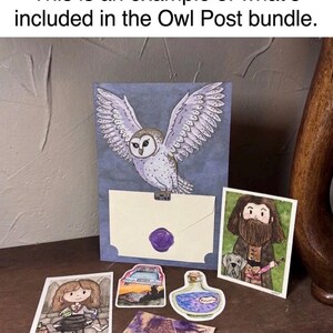 May include: An Owl Post bundle featuring a card with a white owl illustration, a cream envelope with a purple wax seal, and four small rectangular prints depicting a brown-haired character, a flying car, a potion bottle, and a purple creature.