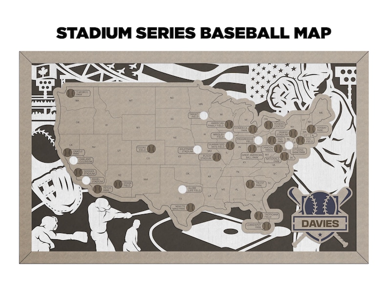 Personalized, Baseball Stadium Travel Map, Gift for Him, Wood, Laser ...