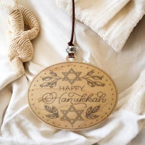 Happy Hanukkah Wood Ornament, Star of David Holiday Decoration, Handmade