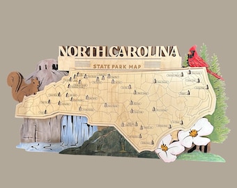 Mapa de parques estatales de Carolina del Norte cortados con láser en madera: Rastreador de aventuras