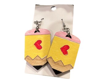 Pencil Dangle Earrings, teacher earrings, hand painted, Back to School