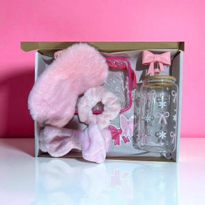 Coquette Bow Gift Set, Pink Aesthetic Self Care Bundle, Girly Sleep Mask, Cup, and Hair Accessories