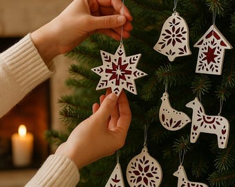Scandinavian Christmas  Ornaments-Nordic Folk Style, Handcrafted, Wood, White and Red Tree Decoration