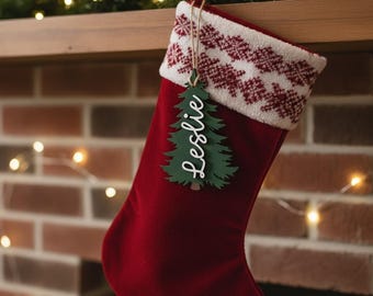 Personalized Pine Tree Stocking Tags, Custom Name Christmas tag, Lasercut MDF, Handpainted, Holiday Decor
