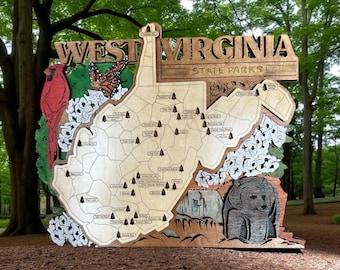 May include: Wooden West Virginia State Parks sign. The sign is shaped like the state, with a detailed map and illustrations of a cardinal, butterfly, and bear. The sign includes the text "West Virginia State Parks."