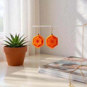 Neon Pink, Orange Floral Hexagon Dangle Earrings, Earrings - Geometric Statement Dangle Jewelry, Lightweight Laser Cut Design, Retro Modern