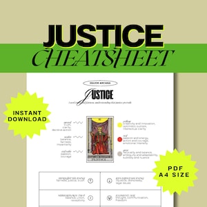 Justice Tarot Cheat Sheet - Detailed A4 PDF | Upright & Reversed Meanings, Symbols, Numerology | Instant Download