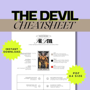May include: A printable tarot card cheat sheet for the Devil card from the Major Arcana. The card features a red, black, and white illustration of the Devil with a horned head and a tail. The cheat sheet includes keywords, meanings, and reversed meanings for the card.