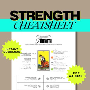 Strength Tarot Cheat Sheet - Detailed A4 PDF | Upright & Reversed Meanings, Symbols, Numerology | Instant Download